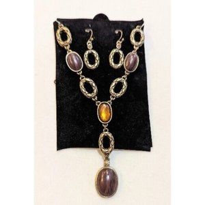 SAQ Avon Goldtone Textured Necklace & Earrings Set Antiqued Gold Tone